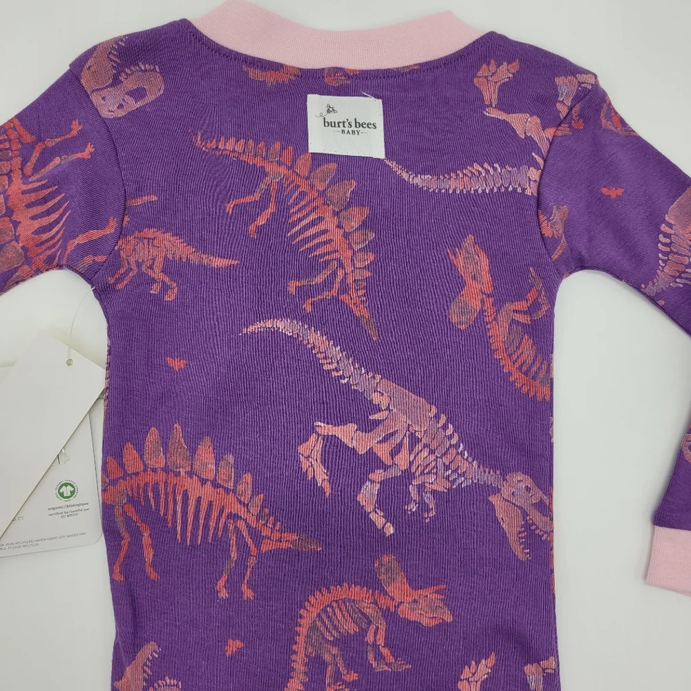Burt's Bees Baby Pajamas Purple Pink Dinosaur Print One Piece Zip Footie 12m NEW